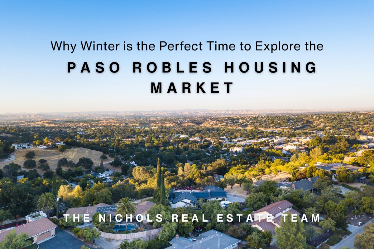 Paso Robles Housing Market Aerial view of Paso Robles with rolling hills, residential homes, and greenery under a clear blue sky, featuring text about the Paso Robles housing market and The Nichols Real Estate Team.