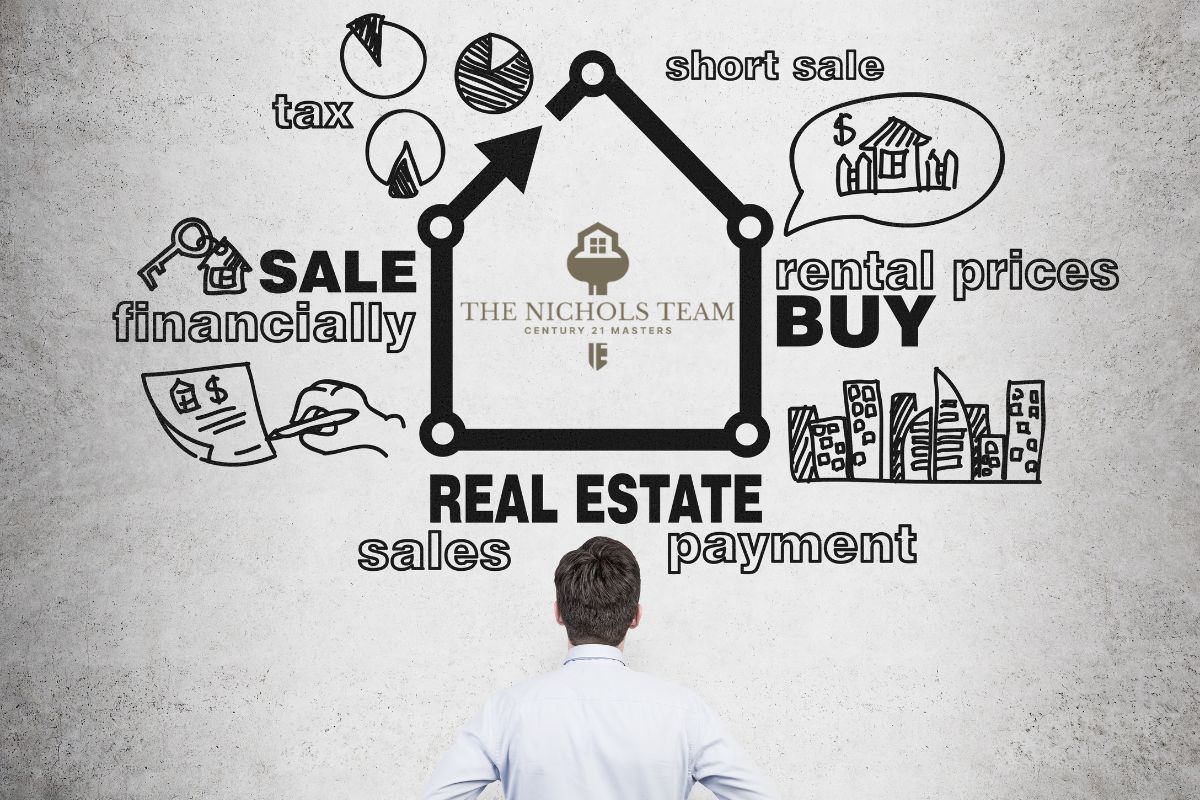 Man analyzing real estate concepts with The Nichols Real Estate Team logo in the center, representing the San Luis Obispo County real estate market.